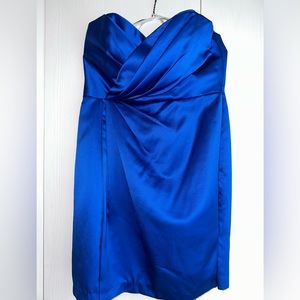DAVID'S BRIDAL short strapless satin dress pleating F15103 size12 Royal Blue